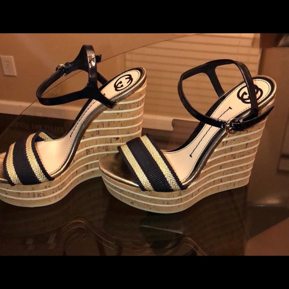 Navy blue & Gold Gucci cork wedges size 36 - Picture 3 of 8